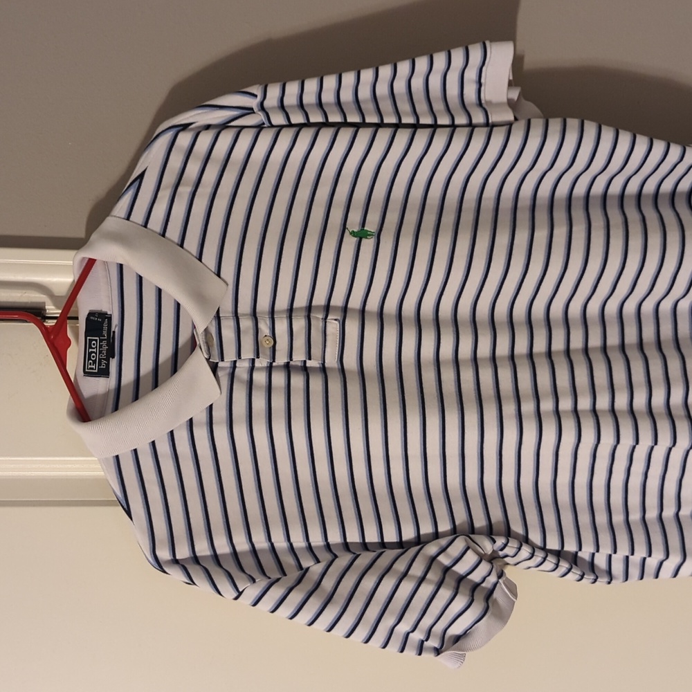 Polo by Ralph Lauren polo shirt, white with blue stripes, green logo XL